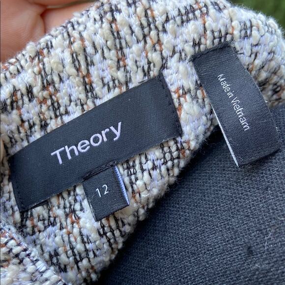 Theory Corset Tee Arbor Tweed Dress Gray and Cream Sheath Midi Dress Sz 12 - Picture 2 of 9